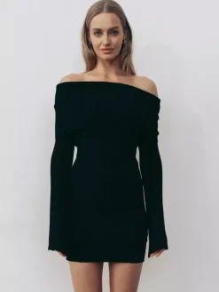 Robe moulante mini en maille côtelée à épaules dénudées pour femme 2026