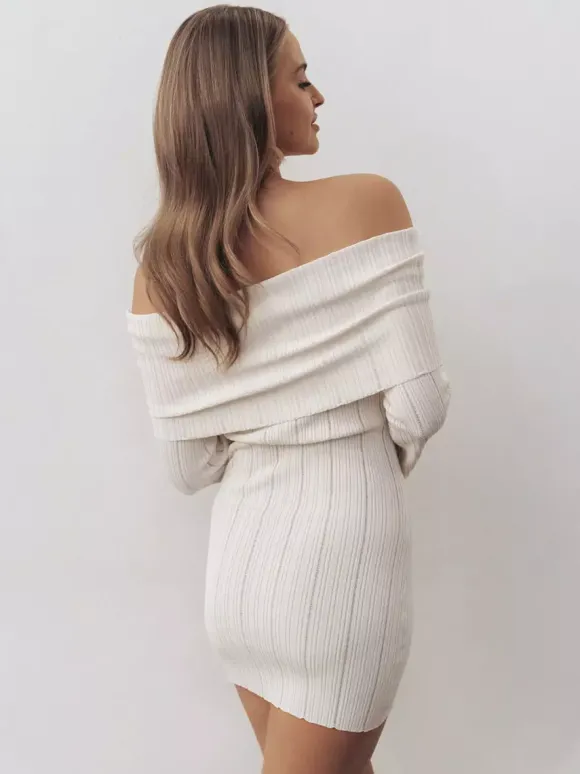 Robe moulante mini en maille côtelée à épaules dénudées pour femme 2026