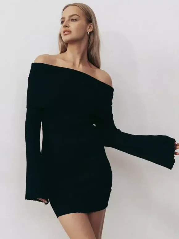 Robe moulante mini en maille côtelée à épaules dénudées pour femme 2026