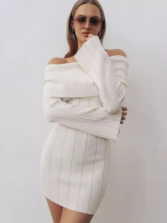 Robe moulante mini en maille côtelée à épaules dénudées pour femme 2026