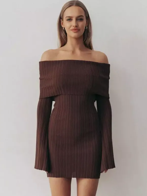 Robe moulante mini en maille côtelée à épaules dénudées pour femme 2026