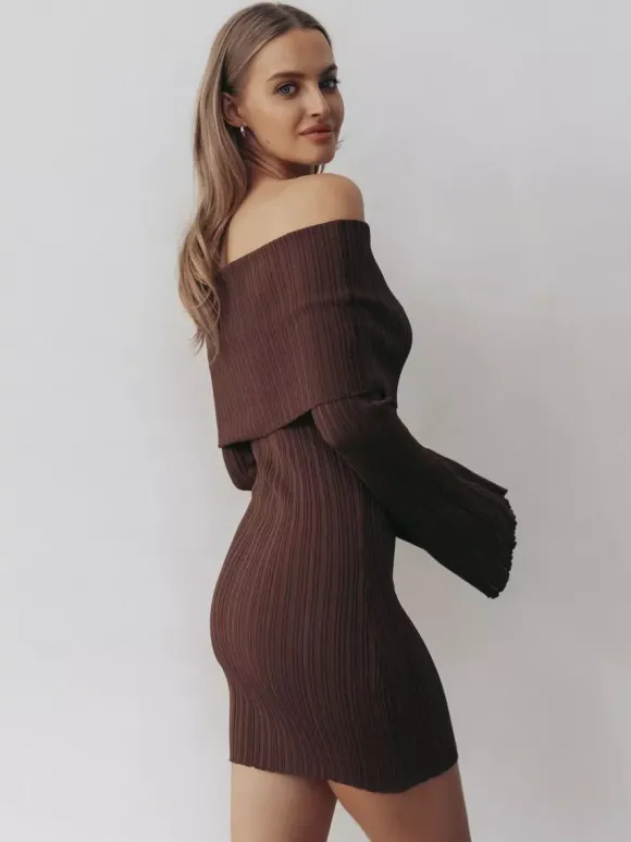 Robe moulante mini en maille côtelée à épaules dénudées pour femme 2026