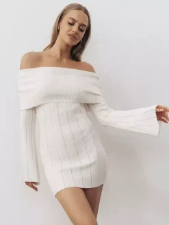 Robe moulante mini en maille côtelée à épaules dénudées pour femme 2026