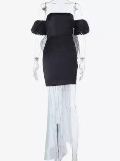 Robe moulante noire mini pour femme - Dos nu blanc avec n艙ud et traîne - Robe de soirée d'anniversaire sexy sans bretelles pour l'été 2026