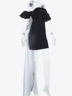 Robe moulante noire mini pour femme - Dos nu blanc avec n艙ud et traîne - Robe de soirée d'anniversaire sexy sans bretelles pour l'été 2026