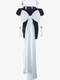 Robe moulante noire mini pour femme - Dos nu blanc avec n艙ud et traîne - Robe de soirée d'anniversaire sexy sans bretelles pour l'été 2026