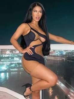 Robe Moulante Noire Sans Manches Chic À Une Épaule Robe Fourreau Transparente
