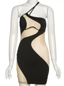 Robe Moulante Noire Sans Manches Chic À Une Épaule Robe Fourreau Transparente