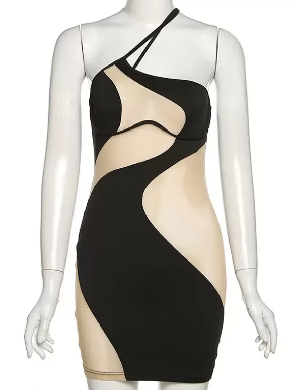 Robe Moulante Noire Sans Manches Chic À Une Épaule Robe Fourreau Transparente