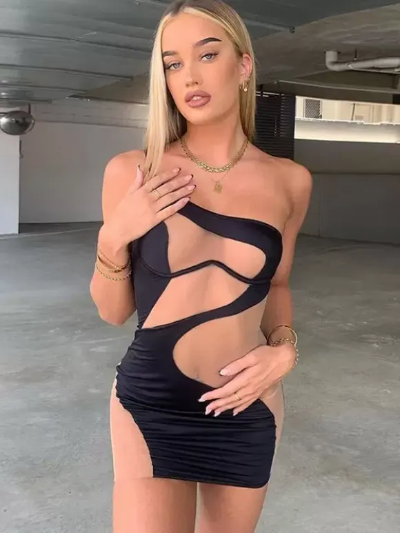 Robe Moulante Noire Sans Manches Chic À Une Épaule Robe Fourreau Transparente