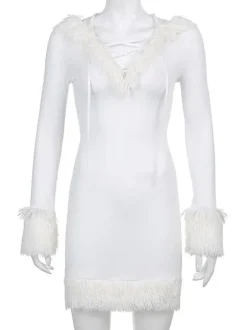 Robe Moulante Noël à Capuche avec Manches Longues Coupe Cintrée Unicolore