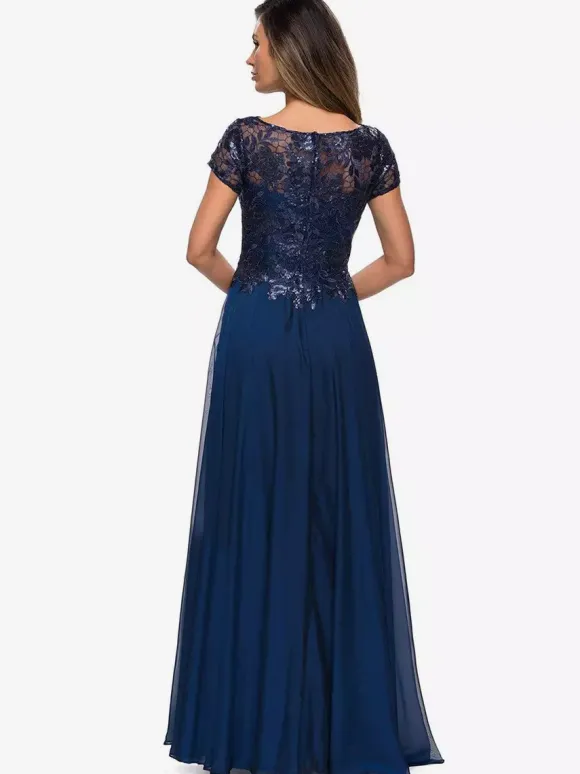 Robe mère à col bijou manches courtes ligne a robes d'invitées de mariage en dentelle