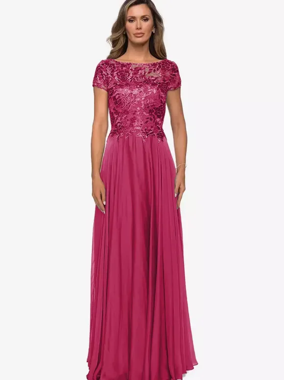 Robe mère à col bijou manches courtes ligne a robes d'invitées de mariage en dentelle