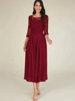 Robe mère col bijou manches 3/4 longueur A-ligne dentelle longueur au sol robes d'invité pour mariage personnalisation gratuite