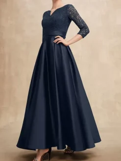 Robe mère col en V manches 3/4 ligne A en dentelle robes d'invité pour mariage