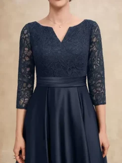 Robe mère col en V manches 3/4 ligne A en dentelle robes d'invité pour mariage