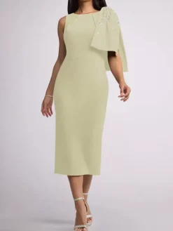 Robe mère de la mariée à col bijou sans manches fourreau n艙uds longueur thé robes d'invitées de mariage