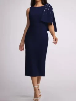 Robe mère de la mariée à col bijou sans manches fourreau n艙uds longueur thé robes d'invitées de mariage