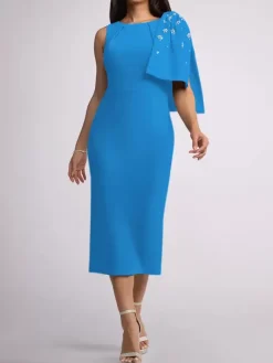 Robe mère de la mariée à col bijou sans manches fourreau n艙uds longueur thé robes d'invitées de mariage