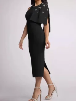 Robe mère de la mariée à col bijou sans manches fourreau n艙uds longueur thé robes d'invitées de mariage
