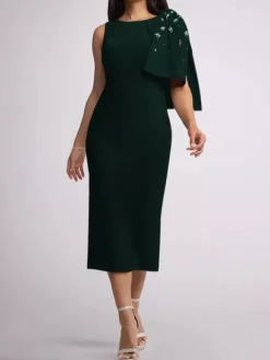 Robe mère de la mariée à col bijou sans manches fourreau n艙uds longueur thé robes d'invitées de mariage