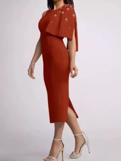Robe mère de la mariée à col bijou sans manches fourreau n艙uds longueur thé robes d'invitées de mariage