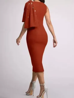 Robe mère de la mariée à col bijou sans manches fourreau n艙uds longueur thé robes d'invitées de mariage