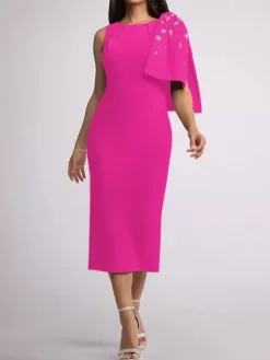 Robe mère de la mariée à col bijou sans manches fourreau n艙uds longueur thé robes d'invitées de mariage