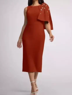Robe mère de la mariée à col bijou sans manches fourreau n艙uds longueur thé robes d'invitées de mariage