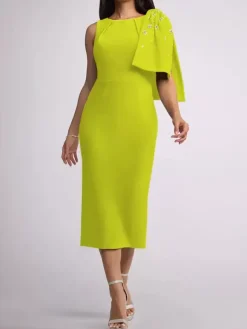 Robe mère de la mariée à col bijou sans manches fourreau n艙uds longueur thé robes d'invitées de mariage