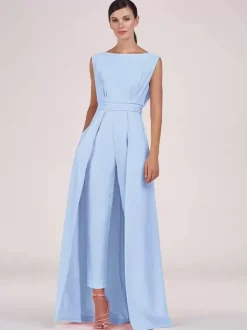 Robe mère de la mariée col bijou combinaison sans manches plissée longueur cheville robes d'invité pour mariage