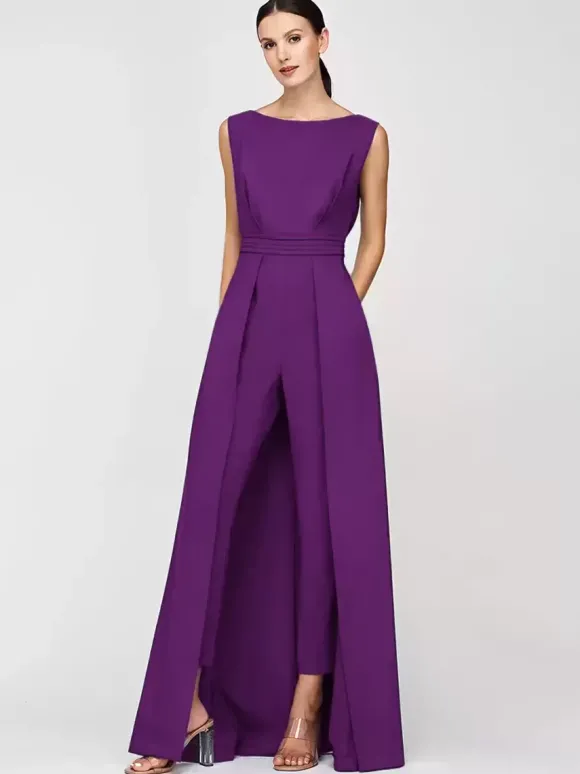 Robe mère de la mariée col bijou combinaison sans manches plissée longueur cheville robes d'invité pour mariage