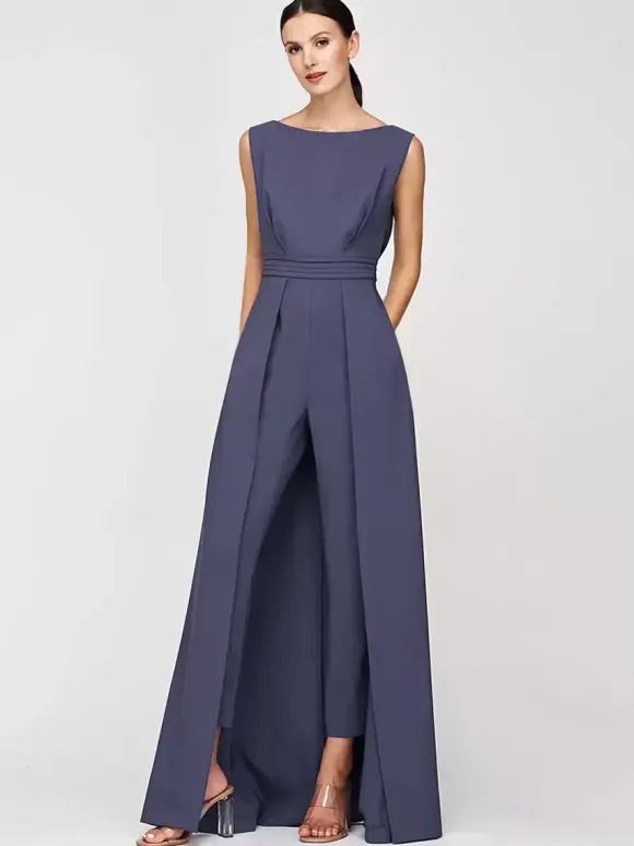 Robe mère de la mariée col bijou combinaison sans manches plissée longueur cheville robes d'invité pour mariage