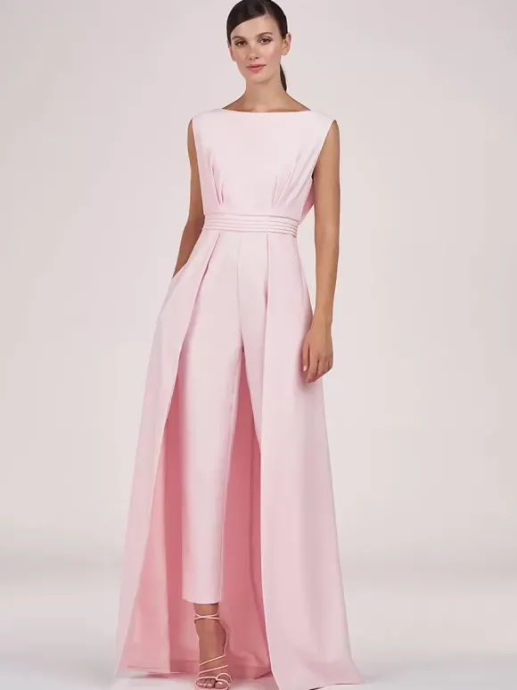 Robe mère de la mariée col bijou combinaison sans manches plissée longueur cheville robes d'invité pour mariage