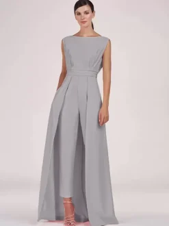 Robe mère de la mariée col bijou combinaison sans manches plissée longueur cheville robes d'invité pour mariage