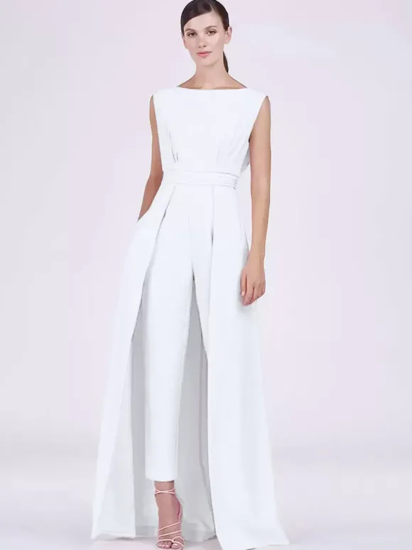 Robe mère de la mariée col bijou combinaison sans manches plissée longueur cheville robes d'invité pour mariage