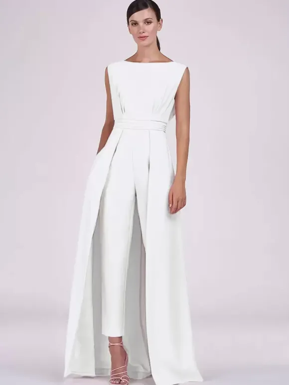 Robe mère de la mariée col bijou combinaison sans manches plissée longueur cheville robes d'invité pour mariage