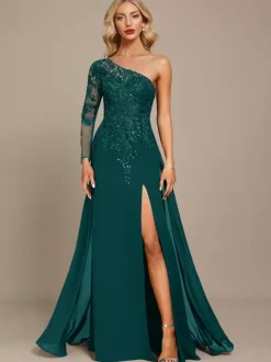 Robe mère une épaule manches longues robe de bal à paillettes robes d'invitées pour mariage