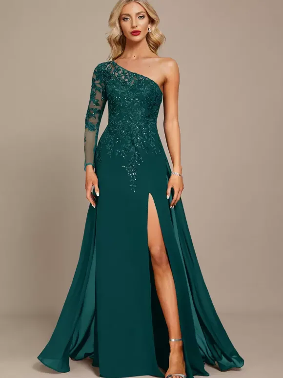 Robe mère une épaule manches longues robe de bal à paillettes robes d'invitées pour mariage