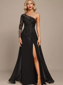 Robe mère une épaule manches longues robe de bal à paillettes robes d'invitées pour mariage