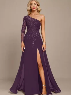 Robe mère une épaule manches longues robe de bal à paillettes robes d'invitées pour mariage