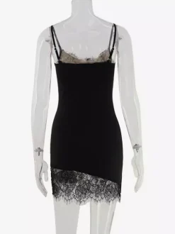 Robe nuisette à bordure en dentelle pour femme - Robe moulante mini noire sans manches style années 2000 - Tenue de soirée estivale 2026