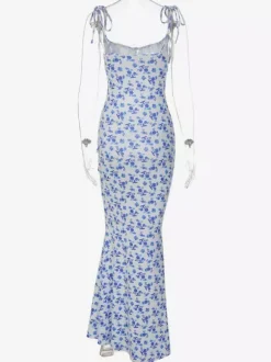 Robe nuisette bleue à fleurs style cottagecore pour femme - Robe longue moulante blanche à buste froncé - Été 2026