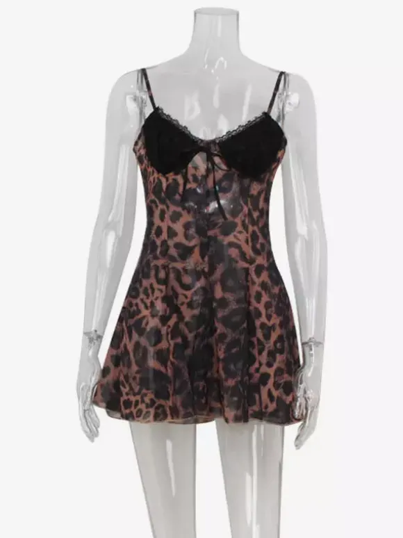 Robe nuisette courte imprimée léopard pour femme - Débardeur en dentelle marron style années 2000 coupe évasée - Idéale pour les soirées d'été en club (édition 2026)