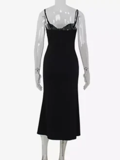 Robe nuisette midi à sequins pour femme - Robe noire élégante à bretelles spaghetti et ourlet sirène - Tenue de soirée d'été 2026