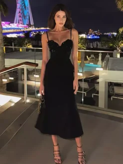 Robe nuisette midi à sequins pour femme - Robe noire élégante à bretelles spaghetti et ourlet sirène - Tenue de soirée d'été 2026