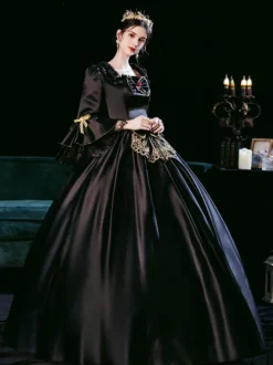 Robe Opéra Costumes rétro noire pour femme Robe de bal de mascarade de style européen Marie-Antoinette
