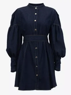 Robe patineuse en jean à manches bouffantes et boutonnée mini-robe trapèze pour femme 2026