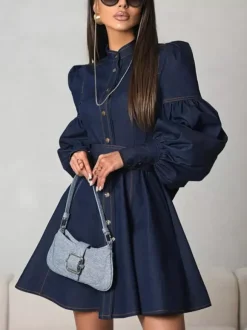Robe patineuse en jean à manches bouffantes et boutonnée mini-robe trapèze pour femme 2026