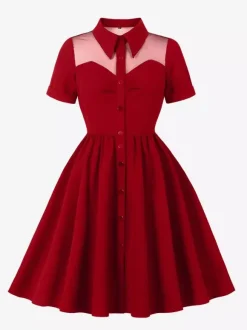 Robe pin-up rockabilly à encolure c艙ur et patchwork en résille simple boutonnage pour femme 2026